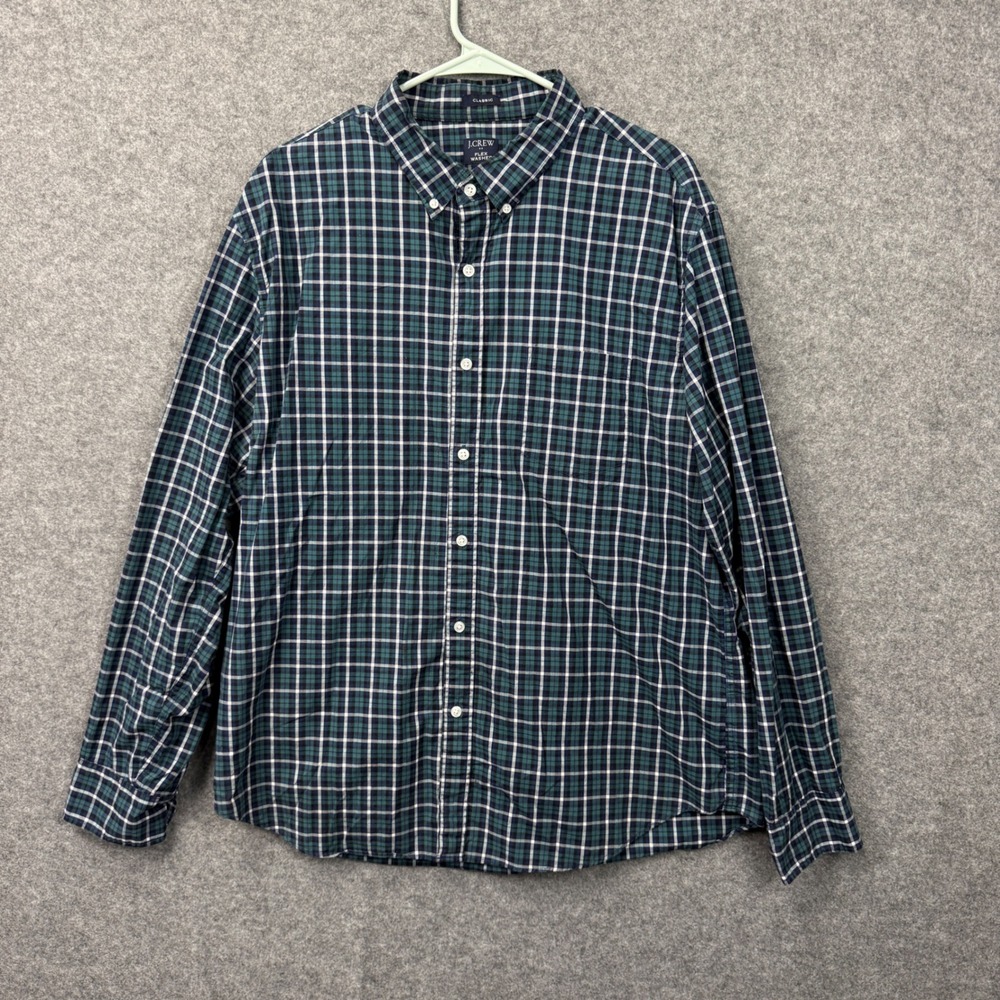J.Crew Mens XL Flex Washed Classic Fit Plaid Button Down Shirt Green Navy Blue